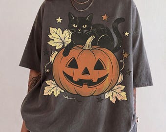 Vintage Black Cat Sweatshirt on a Pumpkin shirt, Vintage 90s Cat Halloween shirt, Cat Lover Shirt, Black Cat Shirt