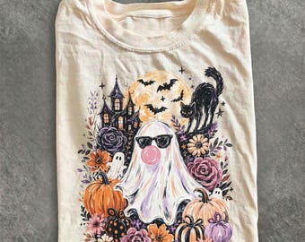 Vintage spookhuisshirt, girly spookhuisshirt, trendy herfstshirt, zwarte kat, spookhuis, comfortabele kleuren