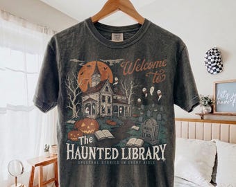 Shirt vintage boekenwinkel, retro boek graphic T-shirt, shirt Haunted Library Club, comfortabele kleuren