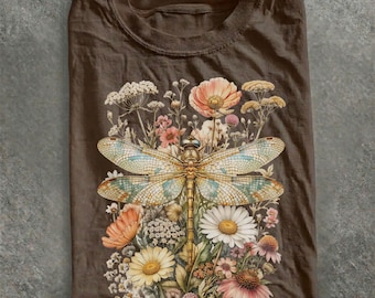 Vintage T-shirt met libel en wilde bloemen | Botanische insectenillustratie