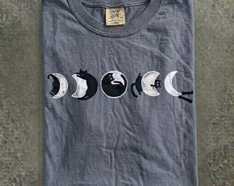 T-shirt kattenmaanfasen, zwart T-shirt: uniseks kattenliefhebbercadeau