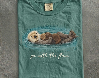 Vintage Go With The Flow, uniseks T-shirt met comfortkleuren Otter, National Geographic T-shirt, T-shirt grappige dieren,