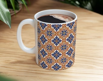 Blue & Terracotta Tile Pattern Mug | Ceramic Coffee Cup, Mosaique, Arabesque
