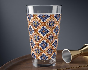 Blue Terracotta Tile Pattern Mixing Glass, 16oz | Moroccan Inspired Barware