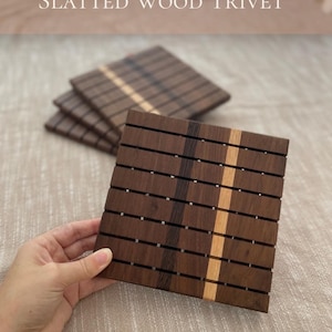 Wooden Kitchen Trivet Hot Pad Slatted Trivets Handmade Walnut Wood Ornately Designed Kitchen Decor Gift Pot Holder Dining Table Heat
