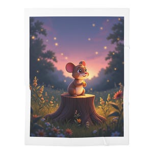 Puede incluir: Una ilustración caprichosa de un ratón de dibujos animados sosteniendo un objeto brillante, posado en un tocón de árbol en un campo de flores silvestres. El fondo presenta un cielo al atardecer con luces parpadeantes, creando una escena mágica. La manta es blanca.