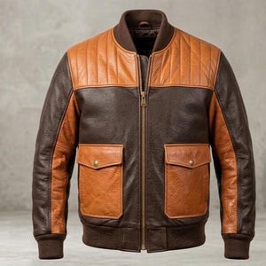 Men’s Brown and Tan Leather Bomber Jacket – Vintage Slim Fit Biker Coat, Quilted Two-Tone, Retro Winter Streetwear Flight Jacket.