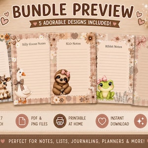May include: A bundle of five printable note sheets featuring a cow, goose, sloth, frog, and giraffe, each with a bow and floral accents. The sheets are labeled Moo-Notes, Silly Goose Notes, SLO-Notes, Ribbit Notes, and Giraffe Notes, measuring 5x7 inches.