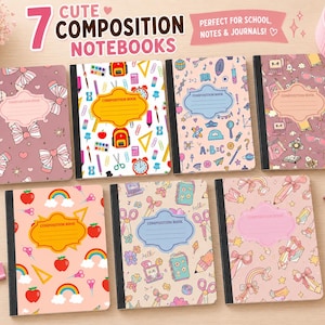 Può includere: Sette quaderni con rilegatura nera e copertine color pastello con motivi di fiocchi, articoli scolastici, arcobaleni e mele. Ogni quaderno presenta un'etichetta centrale con il testo Composition Book.