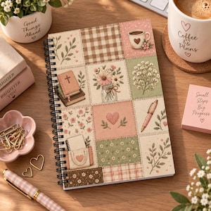 May include: A spiral-bound notebook featuring a patchwork-style cover design with illustrations of a coffee cup, a bouquet of flowers, a Bible, a pen, and floral patterns in soft shades of pink, green, and brown, with a black metal coil spine.