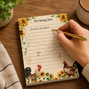May include: A notepad with a sunflower and rooster design. The notepad has the words "Pecking list" at the top and the words "fried chicken" written on a line. A hand is holding a gold pen and writing on the notepad.