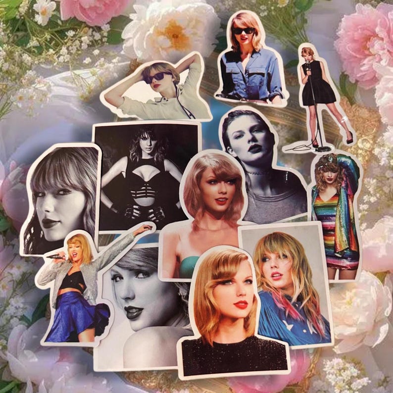 May include: A collection of die-cut stickers featuring various photographic portraits and full-body images of Taylor Swift in different outfits, hairstyles, and poses, including black-and-white and color prints, arranged in a scattered collage.