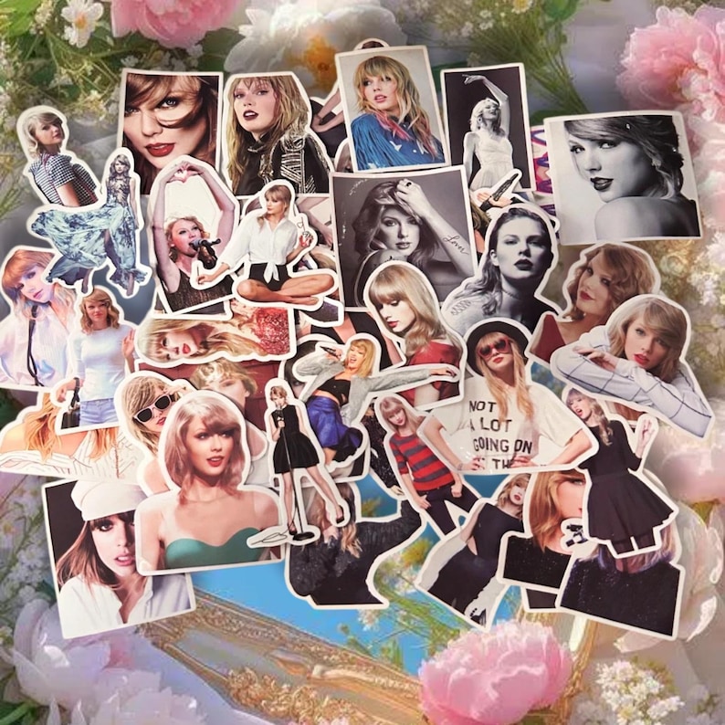 May include: A collection of assorted stickers featuring various photographic portraits and illustrations of Taylor Swift in different outfits, poses, and hairstyles, including black and white and color images, scattered across a floral background.