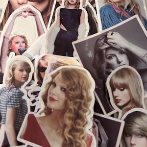 May include: A collection of die-cut stickers featuring various photographic portraits of Taylor Swift. The stickers display different hairstyles, outfits, and expressions, including close-ups and full-body shots, with some showing her singing or posing.