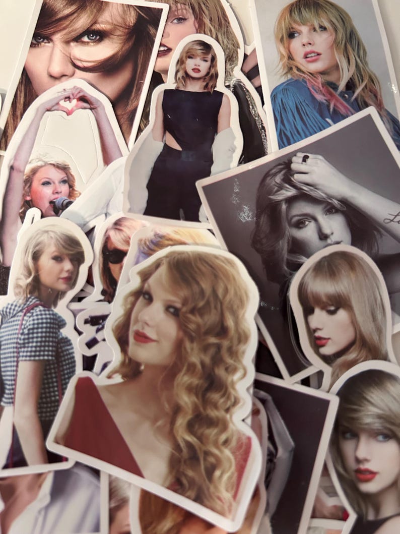 May include: A collection of die-cut stickers featuring various photographic portraits of Taylor Swift. The stickers display different hairstyles, outfits, and expressions, including close-ups and full-body shots, with some showing her singing or posing.