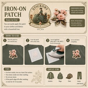 May include: An iron-on patch featuring a detailed embroidered design of pink roses with green leaves. The instructional graphic displays four steps for application using a household iron on a green sweatshirt, along with tips and usage examples.