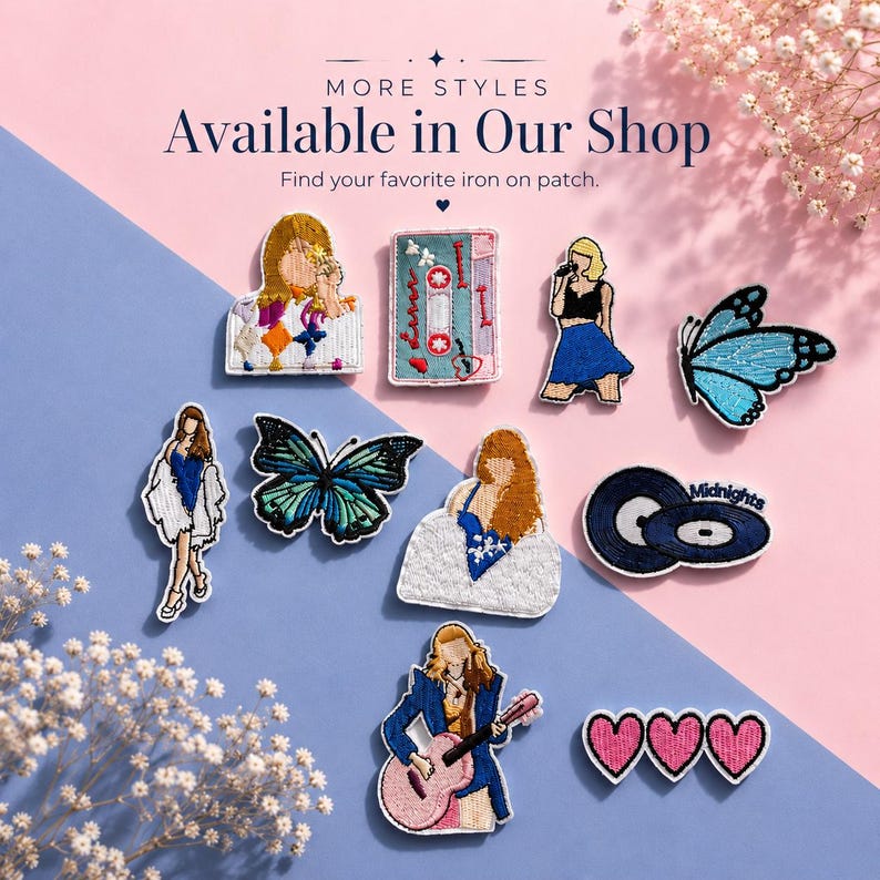 May include: A collection of embroidered iron-on patches featuring various designs including a cassette tape, a blue butterfly, a person playing a guitar, a person in a blue skirt, a person in a white coat, and three pink hearts with the text Midnights.