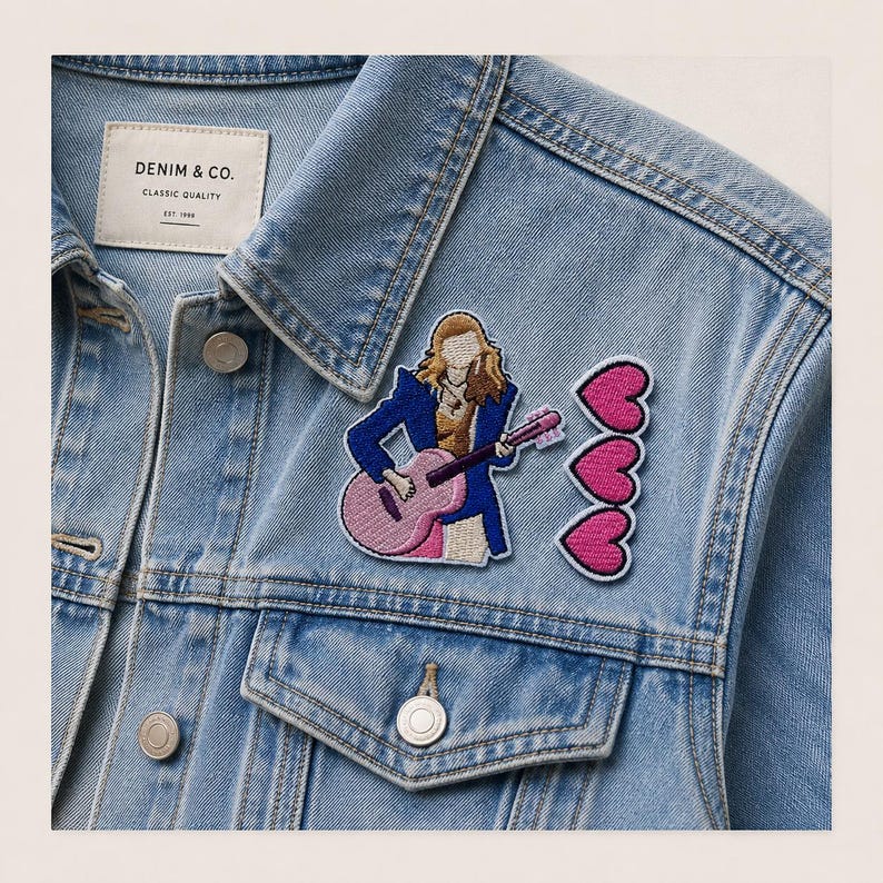 May include: A light blue denim jacket with a white label reading DENIM & CO. CLASSIC QUALITY EST 1998. Two embroidered patches are attached: one depicts a person with long hair in a blue blazer playing a pink guitar, and the other shows three pink hearts.