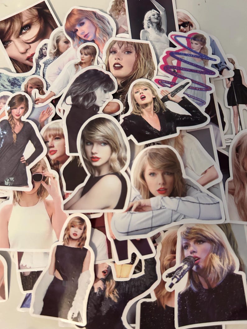 May include: A collection of die-cut vinyl stickers featuring various photographic portraits and performance images of Taylor Swift. The stickers display diverse outfits, hairstyles, and expressions, including close-ups and full-body shots of the singer.