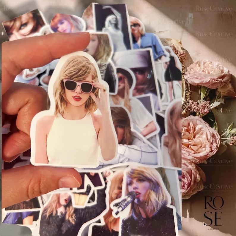 May include: A collection of die-cut vinyl stickers featuring various photographic portraits of a blonde woman with shoulder-length hair. One prominent sticker shows the woman wearing pink-rimmed sunglasses and a white sleeveless top. Other stickers show her in different outfits and poses, including one holding a microphone.