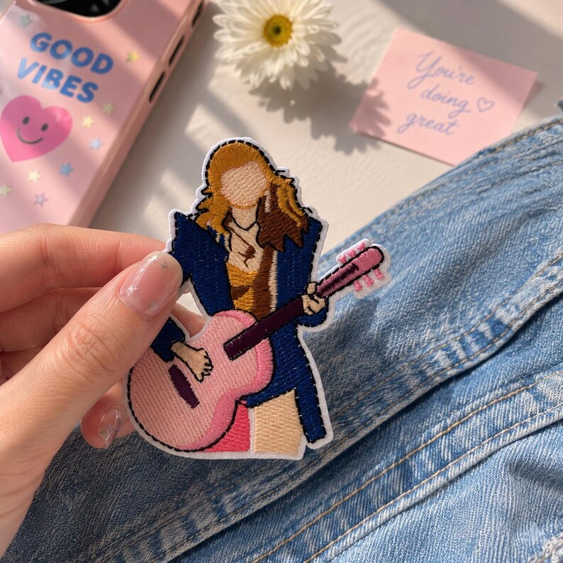 Swiftie Lover Era Inspired Iron-On Patch | Concert Outfit Embroidered Patch | Pink Guitar & Hearts image 4