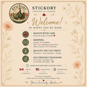 Może przedstawiać: Kremowa grafika informacyjna z kwiatową ramką, zawierająca logo Stickory, osobę na skuterze oraz tekst, w tym Welcome, So Happy You're Here, Mailed With Care, Quality You Can Trust, Eco-Friendly Packaging oraz Yours Sincerely, Am&eacute;lie.