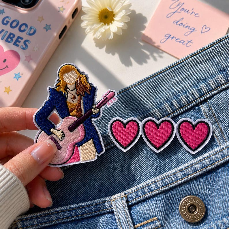 May include: An embroidered patch featuring a person with long blonde hair wearing a dark blue jacket and tan pants while playing a light pink acoustic guitar, accompanied by three separate heart-shaped patches with pink centers and white borders.