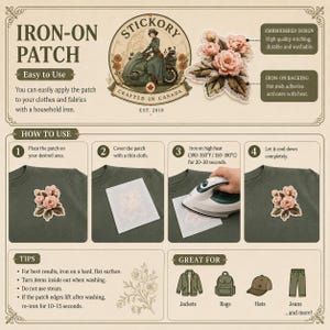 May include: An iron-on patch featuring a detailed embroidered design of pink roses with green leaves. The instructional graphic displays four steps for application using a household iron on a green sweatshirt, along with tips and usage examples.