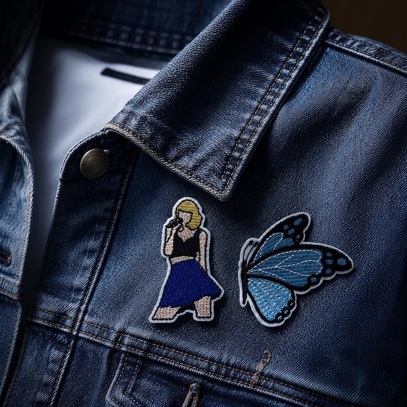 May include: A dark blue denim jacket featuring two embroidered patches. One patch depicts a figure with blonde hair wearing a black top and a blue skirt while holding a microphone. The second patch is a blue butterfly with black wing details.