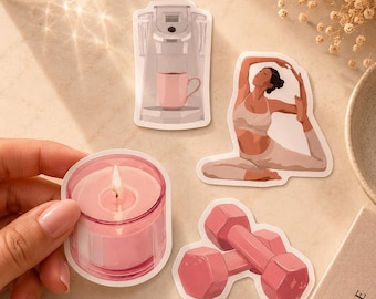Wellness Routine Stickers Manifestion,Yoga, Coffee, Soft Luxury (4PCS)