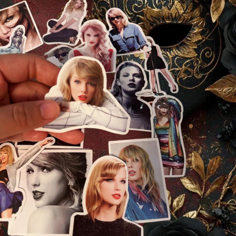 May include: A collection of die-cut vinyl stickers featuring various photographic portraits and full-body images of Taylor Swift in different outfits, hairstyles, and poses, including black and white and full-color prints with white borders.