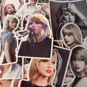 May include: A collection of die-cut stickers featuring various photographic portraits of a blonde individual with bangs. The images show the person in different outfits, including a black sequined top, a white shirt, and a checkered top, while singing.