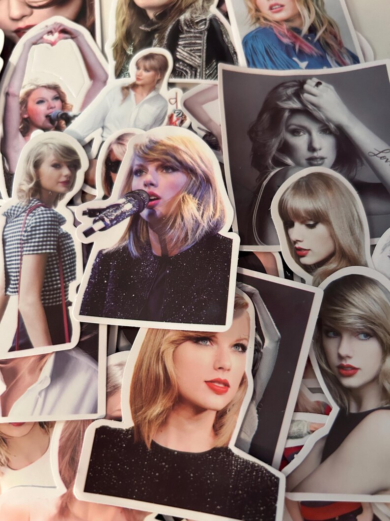 May include: A collection of die-cut stickers featuring various photographic portraits of a blonde individual with bangs. The images show the person in different outfits, including a black sequined top, a white shirt, and a checkered top, while singing.