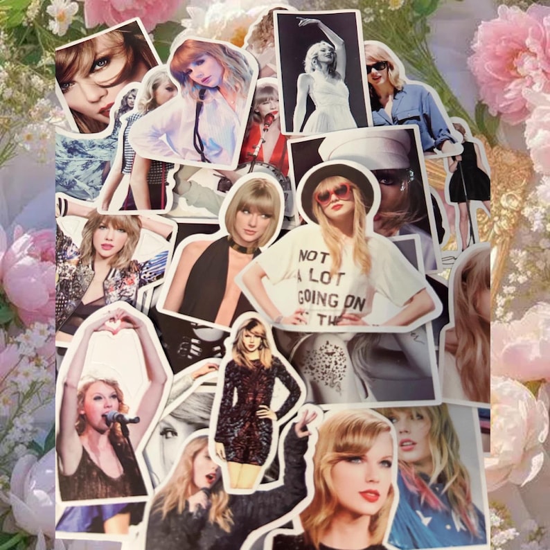 May include: A collection of die-cut stickers featuring various photographic portraits and performance images of Taylor Swift. The stickers display diverse outfits, hairstyles, and poses, including one sticker with the text NOT A LOT GOING ON AT THE MOMENT.
