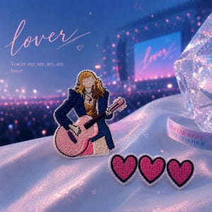 Swiftie Lover Era Inspired Iron-On Patch | Concert Outfit Embroidered Patch | Pink Guitar & Hearts image 1