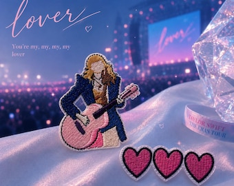 Swiftie Lover Era Inspired Iron-On Patch | Concert Outfit Embroidered Patch | Pink Guitar & Hearts