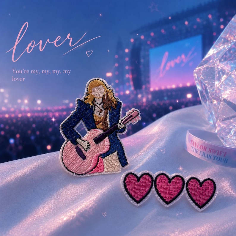 Swiftie Lover Era Inspired Iron-On Patch | Concert Outfit Embroidered Patch | Pink Guitar & Hearts image 1