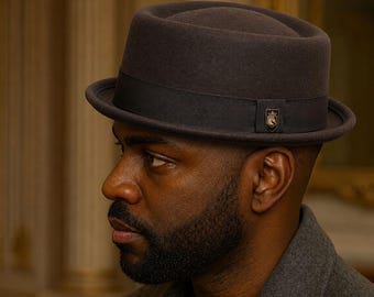 May include: A dark gray felt pork pie hat featuring a flat crown and a narrow, upturned brim. A black grosgrain ribbon band encircles the base of the crown, accented with a small, rectangular metallic emblem displaying a horse head silhouette.