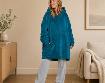 Coperta con cappuccio Sherpa oversize color verde acqua, calda e accogliente per l'inverno, ideale per la casa e per le attività all'aperto. Felpa comoda per il freddo, morbidissima, perfetta per rilassarsi in casa.