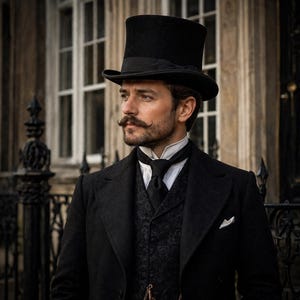 May include: A man in a black top hat, coat, and vest, with a white collared shirt and black tie. The vest has a subtle floral pattern. The man has a mustache and is standing in front of a building with a wrought iron fence.