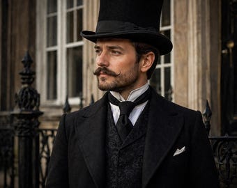 May include: A man in a black top hat, coat, and vest, with a white collared shirt and black tie. The vest has a subtle floral pattern. The man has a mustache and is standing in front of a building with a wrought iron fence.