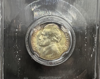 1945 S 5c Jefferson Silver World War 2 Nickel MS64 * Star CLCC Certified Nice Toning Toner