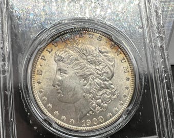 1900 P Morgan Silver Dollar Coin CLCC MS63 Certified neat toning toner obverse in 1776-2026 Patriot Holder