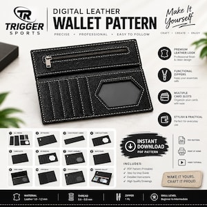 May include: A digital leather wallet pattern by Trigger Sports featuring a black wallet with a zippered pocket, multiple card slots, and a hexagonal ID window. The graphic includes twelve numbered assembly steps, PDF download icons, and material specifications.
