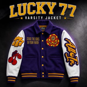 Könnte beinhalten: Eine violette Collegejacke mit weißen Ärmeln, gelb gestreiften Bündchen und gelben Knöpfen. Sie zeigt einen Kirschen-Aufnäher, den Text '777', 'STACK THE ODDS IN YOUR FAVOR', 'All In' und eine Casino-Chip-Grafik. Der Text 'LUCKY 77 VARSITY JACKET' steht darüber.