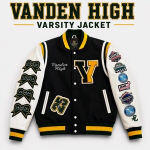 May include: A black varsity jacket with white sleeves, yellow and black striped ribbed trim, and a large yellow letter V on the chest. The jacket features embroidered patches including Vanden High, the number 25, four bow-shaped year patches, and various championship logos on the sleeves.