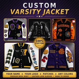 Custom Varsity Jacket, Personalized Letterman Jacket with Chenille Patches, Leather Sleeve Bomber for Men Women, Team School Halloween Gift