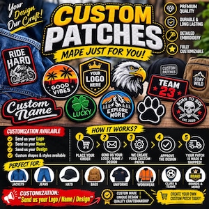 Puede incluir: Una colección de parches bordados personalizados con varios diseños que incluyen una motocicleta, palmeras, una corona, un águila, un trébol, montañas, una huella de pata y una calavera. La imagen incluye texto como CUSTOM PATCHES, RIDE HARD, GOOD VIBES, LUCKY, EXPLORE MORE, TEAM 23, STAY WILD y BORN TO RIDE.