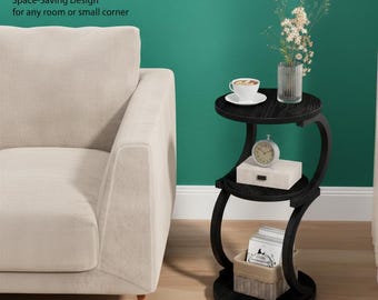 3-Tier Round Side Table, Vintage S-Shaped End Table for Small Spaces, Black Wood & Metal Nightstand for Living Room Bedroom Decor