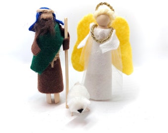 Assembled and READY TO SHIP Angel, Shepherd and Sheep Clothespin Doll Ornaments